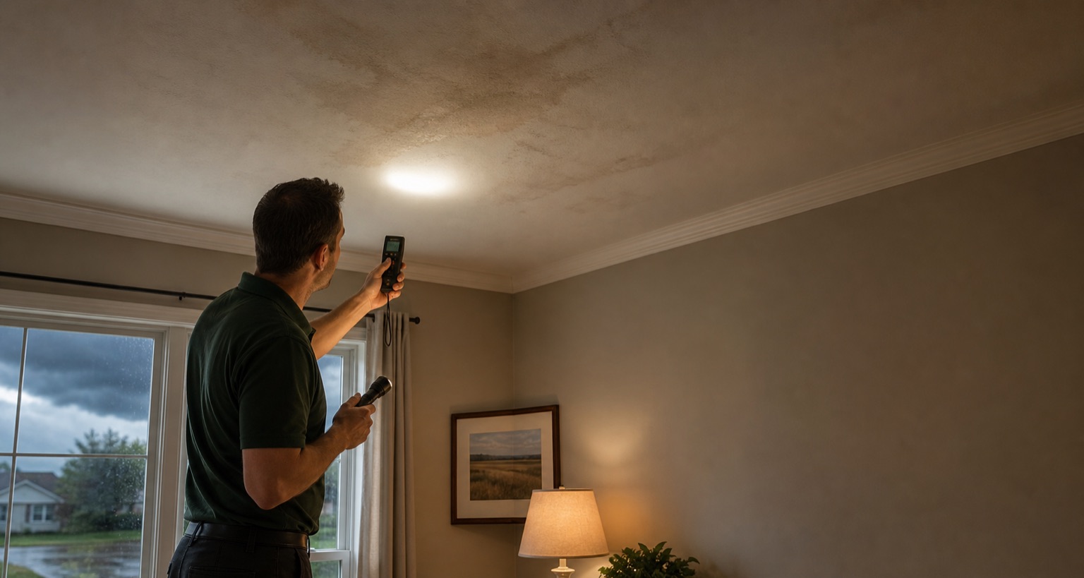 Technician checking for storm-related moisture inside a Wichita-area home